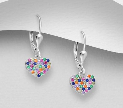 Şəkli böyütmək üçün tiklayın 925 Sterling Silver Heart Lever-Back Earrings, Decorated with Colorful CZ Simulated Diamonds, Colors may Vary.