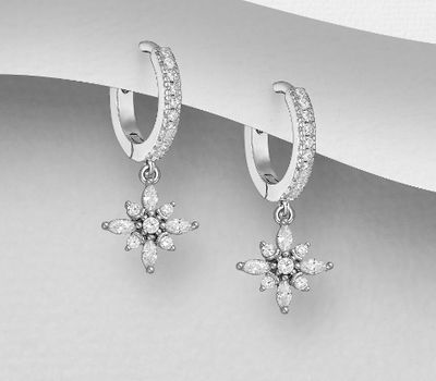 925 Sterling Silver Flower Hoop Earrings, Decorated with CZ Simulated Diamonds