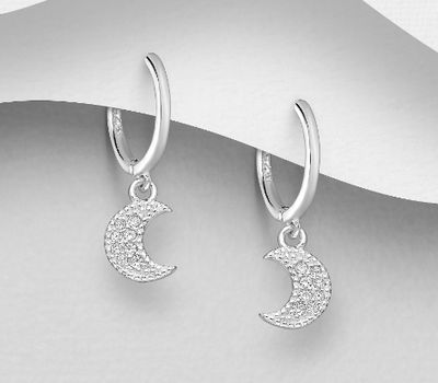 925 Sterling Silver Crescent Moon Hoop Earrings, Decorated with CZ Simulated Diamonds