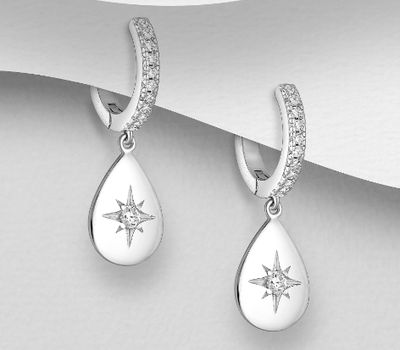 925 Sterling Silver Droplet Hoop Earrings, Decorated with CZ Simulated Diamonds