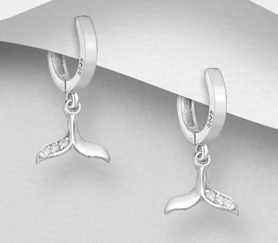 Şəkli böyütmək üçün tiklayın 925 Sterling Silver Whale Tail Hoop Earrings, Decorated with CZ Simulated Diamonds
