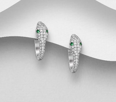 925 Sterling Silver Snake Omega Lock Earrings Decorated with CZ Simulated Diamonds
