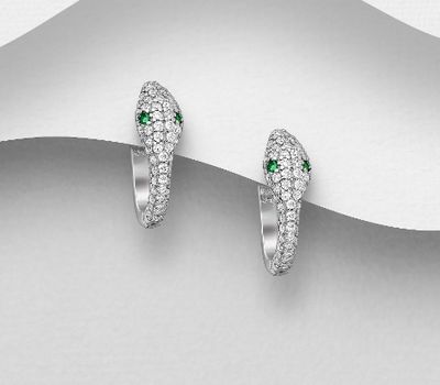 Şəkli böyütmək üçün tiklayın 925 Sterling Silver Snake Omega Lock Earrings Decorated with CZ Simulated Diamonds