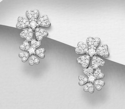 Şəkli böyütmək üçün tiklayın 925 Sterling Silver Flower Push-Back Earrings, Decorated with CZ Simulated Diamonds