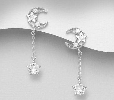925 Sterling Silver Crescent Moon Push-Back Earrings, Featuring Stars, Decorated with CZ Simulated Diamonds