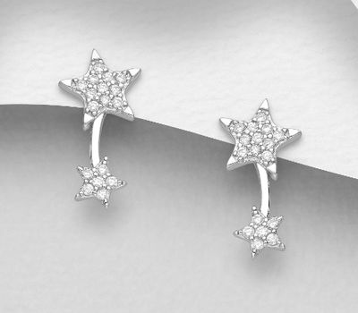 925 Sterling Silver Flower and Star Push-Back Earrings, Decorated with CZ Simulated Diamonds