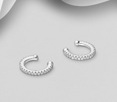 925 Sterling Silver Ear Cuffs, Decorated with CZ Simulated Diamonds