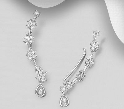 925 Sterling Silver Flower Ear Pins, Decorated with CZ Simulated Diamonds