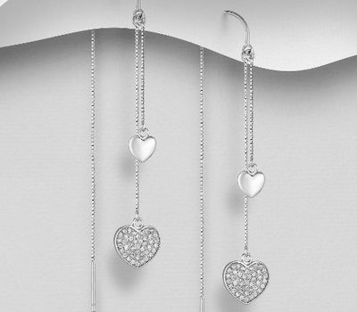 925 Sterling Silver Heart Threader Earrings, Decorated with CZ Simulated Diamonds