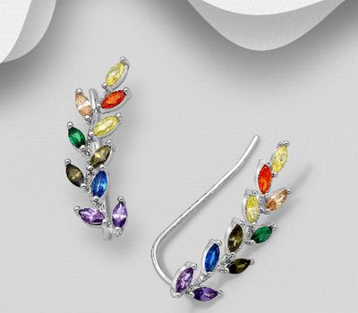 925 Sterling Silver Leaf Ear Pins Decorated with Colorful CZ Simulated Diamonds, CZ Simulated Diamond Colors may Vary.