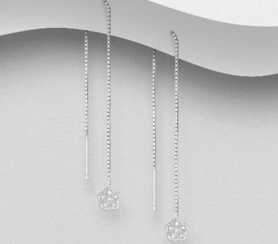 925 Sterling Silver Flower Threader Earrings, Decorated with CZ Simulated Diamonds
