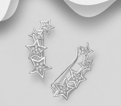 925 Sterling Silver Star Ear Pins Earrings,  Decorated with CZ Simulated Diamonds