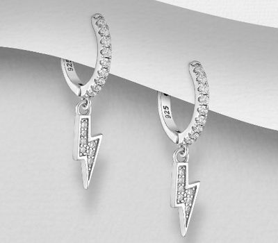 Şəkli böyütmək üçün tiklayın 925 Sterling Silver Lightning Hoop Earrings, Decorated with CZ Simulated Diamonds