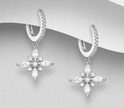 Şəkli böyütmək üçün tiklayın 925 Sterling Silver Hoop Earrings, Decorated with CZ Simulated Diamonds