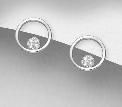 Şəkli böyütmək üçün tiklayın 925 Sterling Silver Circle Push-Back Earrings, Decorated with CZ Simulated Diamonds