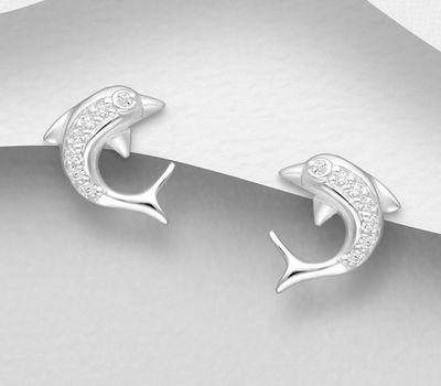 925 Sterling Silver Dolphin Push-Back Earrings Decorated with CZ Simulated Diamonds