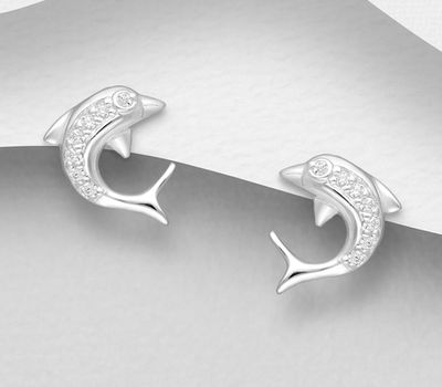 Şəkli böyütmək üçün tiklayın 925 Sterling Silver Dolphin Push-Back Earrings Decorated with CZ Simulated Diamonds
