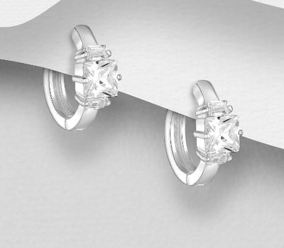 Şəkli böyütmək üçün tiklayın 925 Sterling Silver Hoop Earrings, Decorated with CZ Simulated Diamonds