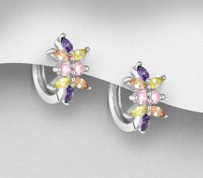 Şəkli böyütmək üçün tiklayın 925 Sterling Silver Hoop Earrings, Decorated with Colorful CZ Simulated Diamonds
