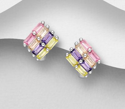 Şəkli böyütmək üçün tiklayın 925 Sterling Silver Hoop Earrings, Decorated with Colorful CZ Simulated Diamonds