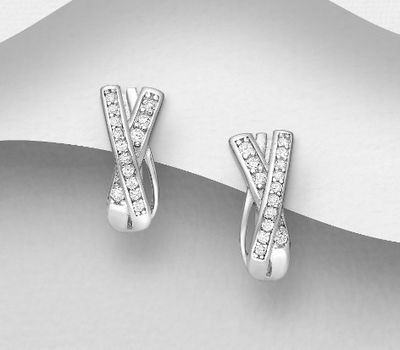 Şəkli böyütmək üçün tiklayın 925 Sterling Silver Omega-Lock Earrings, Decorated with CZ Simulated Diamonds
