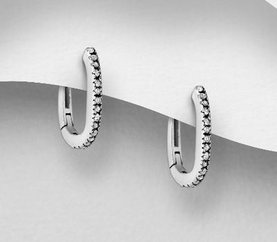 925 Sterling Silver Oxidized Hoop Earrings, Decorated with CZ Simulated Diamonds