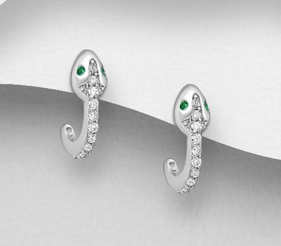 Şəkli böyütmək üçün tiklayın 925 Sterling Silver Snake Push-Back Earrings, Decorated with CZ Simulated Diamonds