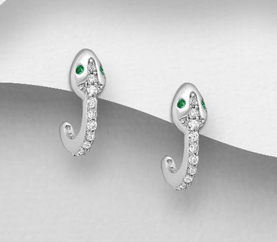 925 Sterling Silver Snake Push-Back Earrings, Decorated with CZ Simulated Diamonds