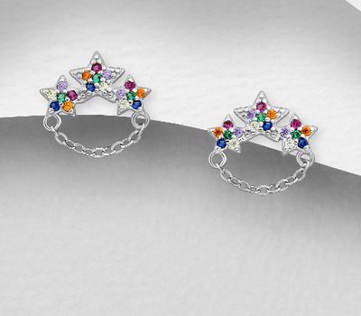 925 Sterling Silver Star Push-Back Earrings, Decorated with CZ Simulated Diamonds, Colors may Vary.