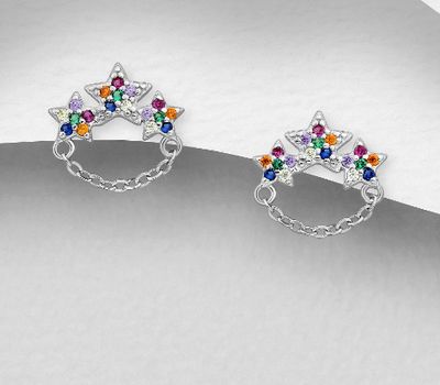 Şəkli böyütmək üçün tiklayın 925 Sterling Silver Star Push-Back Earrings, Decorated with CZ Simulated Diamonds, Colors may Vary.