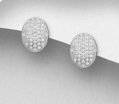 Şəkli böyütmək üçün tiklayın 925 Sterling Silver Oval Push-Back Earrings, Decorated with CZ Simulated Diamonds