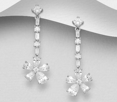 Şəkli böyütmək üçün tiklayın 925 Sterling Silver Flower Push-Back Earrings, Decorated with CZ Simulated Diamonds