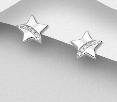 925 Sterling Silver Star Push-Back Earrings, Decorated with CZ Simulated Diamonds