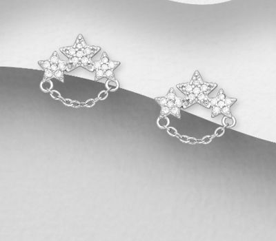 Şəkli böyütmək üçün tiklayın 925 Sterling Silver Star Push-Back Earrings, Decorated with CZ Simulated Diamonds