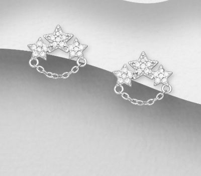 925 Sterling Silver Star Push-Back Earrings, Decorated with CZ Simulated Diamonds