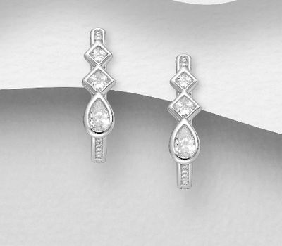 Şəkli böyütmək üçün tiklayın 925 Sterling Silver Droplet Omega-Lock Earrings, Featuring Rhombus Design, Decorated with CZ Simulated Diamonds
