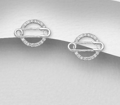 Şəkli böyütmək üçün tiklayın 925 Sterling Silver Safety Pin Push-Back Earrings, Decorated with CZ Simulated Diamonds