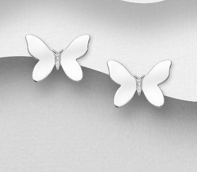 Şəkli böyütmək üçün tiklayın 925 Sterling Silver Butterfly Push-Back Earrings, Decorated with CZ Simulated Diamonds