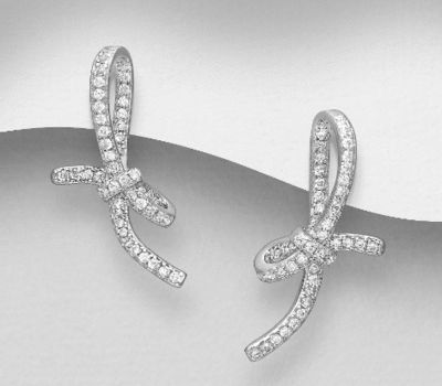 Şəkli böyütmək üçün tiklayın 925 Sterling Silver Bow Push-Back Earrings, Decorated with CZ Simulated Diamonds