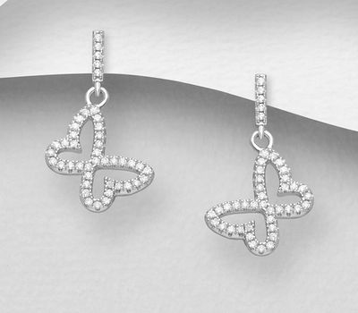 925 Sterling Silver Butterfly Push-Back Earrings, Decorated with CZ Simulated Diamonds