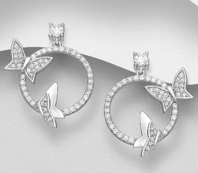 Şəkli böyütmək üçün tiklayın 925 Sterling Silver Butterfly Push-Back Earrings, Decorated with CZ Simulated Diamonds