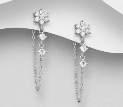 Şəkli böyütmək üçün tiklayın 925 Sterling Silver Flower Push-Back Earrings, Decorated with CZ Simulated Diamonds