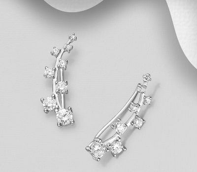 925 Sterling Silver Ear Pins, Decorated with CZ Simulated Diamonds