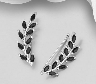 925 Sterling Silver Leaf Ear Pins, Decorated with CZ Simulated Diamonds