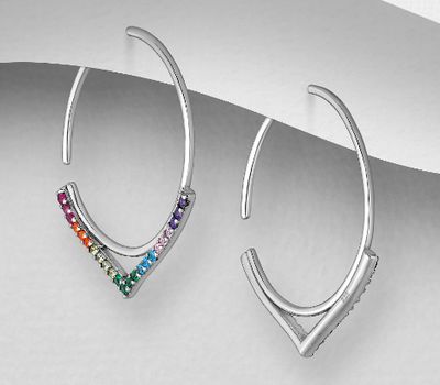 925 Sterling Silver Hook Earrings, Decorated with Colorful CZ Simulated Diamonds, CZ Simulated Diamond Colors may Vary.