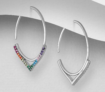 Şəkli böyütmək üçün tiklayın 925 Sterling Silver Hook Earrings, Decorated with Colorful CZ Simulated Diamonds, CZ Simulated Diamond Colors may Vary.