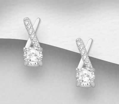 925 Sterling Silver Push-Back Earrings, Decorated with CZ Simulated Diamonds