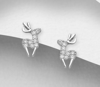 925 Sterling Silver Deer Push-Back Earrings Decorated with CZ Simulated Diamonds