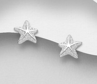 925 Sterling Silver Starfish Push-Back Earrings, Decorated with CZ Simulated Diamonds