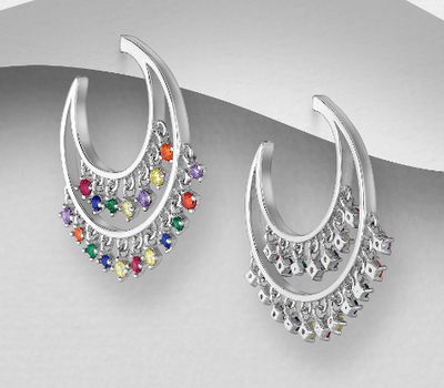 925 Sterling Silver Push-Back Earrings, Decorated with Colorful CZ Simulated Diamonds, CZ Simulated Diamond Colors may Vary.